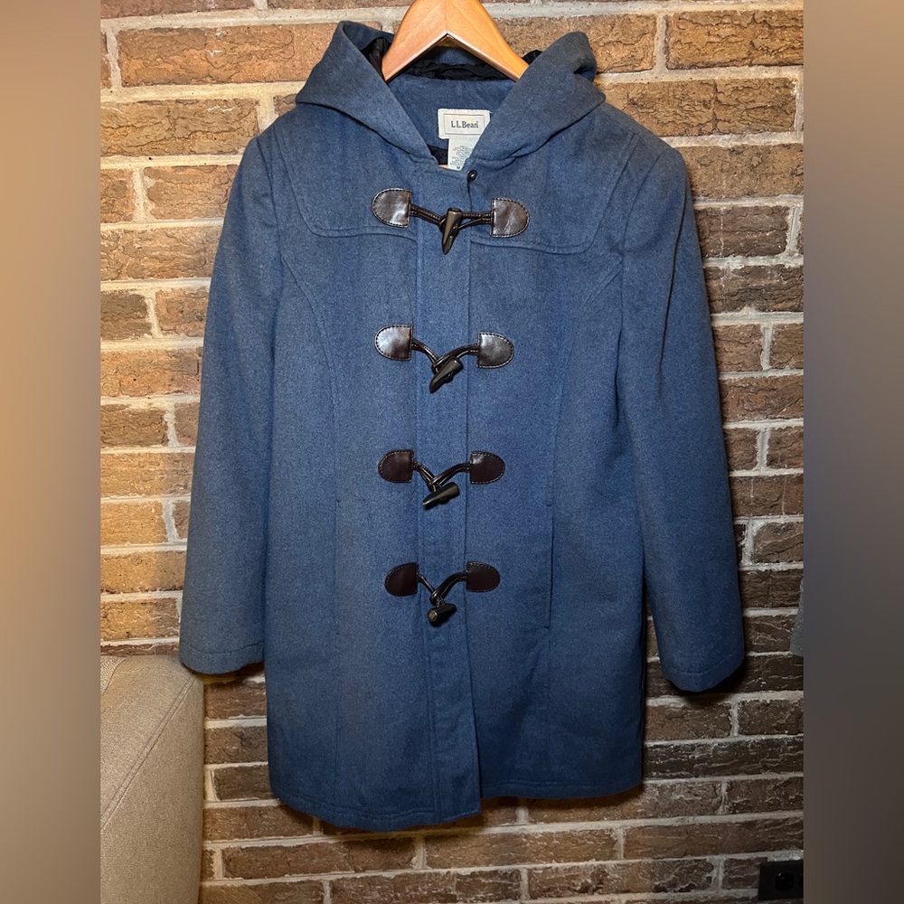 L.L. Bean Vintage Women’s Petite Medium Blue Hooded Duffel Toggle Coat Wool Mix - Picture 2 of 5